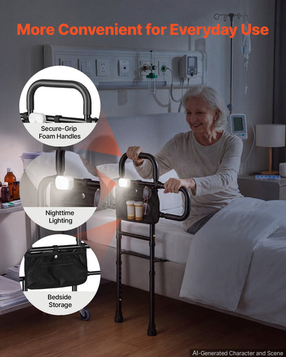VEVOR Bed Rail for Elderly Adult Folding Bed Assist Rail with Floor Support, Motion Sensor LED Light, 300LBS Dual-Handle Support, Adjustable Handle Length, Storage Pocket, Fit King Queen Full Twin Bed - DJKCBSDJKSXZZJP21001V9 - view 7
