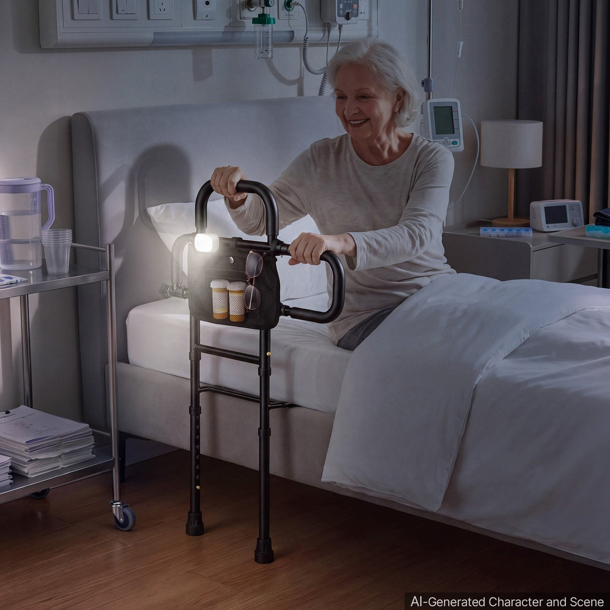 VEVOR Bed Rail for Elderly Adult Folding Bed Assist Rail with Floor Support, Motion Sensor LED Light, 300LBS Dual-Handle Support, Adjustable Handle Length, Storage Pocket, Fit King Queen Full Twin Bed - DJKCBSDJKSXZZJP21001V9 - view 9