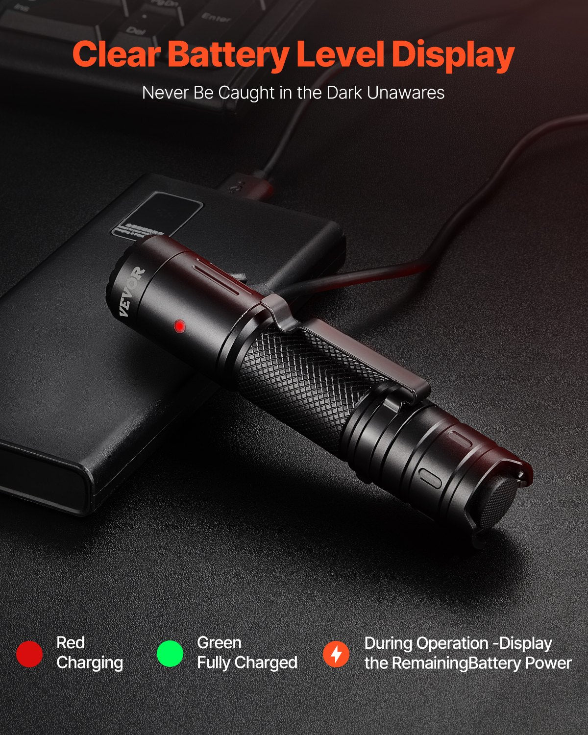 VEVOR Rechargeable Flashlight, High Lumens LED Flashlight with 6 Lighting Modes, IP66 Waterproof Handheld Flash Light for Home, Hiking, Camping, Emergencies, Lightweight & Portable - DJLEDSDTBGLE0AA82V9 - view 7