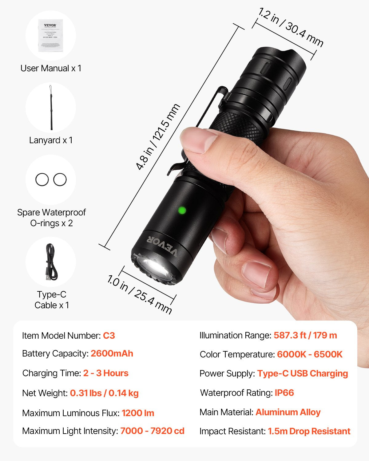 VEVOR Rechargeable Flashlight, High Lumens LED Flashlight with 6 Lighting Modes, IP66 Waterproof Handheld Flash Light for Home, Hiking, Camping, Emergencies, Lightweight & Portable - DJLEDSDTBGLE0AA82V9 - view 8