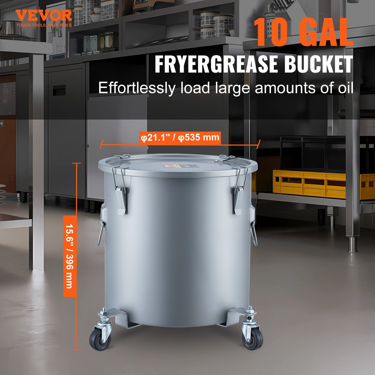 VEVOR Fryer Grease Bucket, 10 Gal Oil Disposal Caddy with Caster Base, Carbon Steel Rust-Proof Coating, Oil Transport Container with Lid, Lock Clips, Filter Bag for Hot Cooking Oil Filtering, Gray - DJLZGYZTTG10NGAG5V0 - view 3