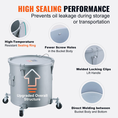 VEVOR Fryer Grease Bucket, 10 Gal Oil Disposal Caddy with Caster Base, Carbon Steel Rust-Proof Coating, Oil Transport Container with Lid, Lock Clips, Filter Bag for Hot Cooking Oil Filtering, Gray - DJLZGYZTTG10NGAG5V0 - view 5