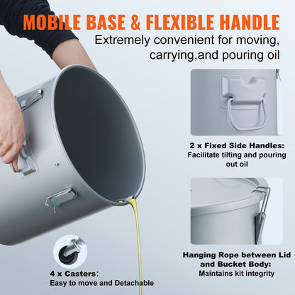 VEVOR Fryer Grease Bucket, 10 Gal Oil Disposal Caddy with Caster Base, Carbon Steel Rust-Proof Coating, Oil Transport Container with Lid, Lock Clips, Filter Bag for Hot Cooking Oil Filtering, Gray - DJLZGYZTTG10NGAG5V0 - view 6