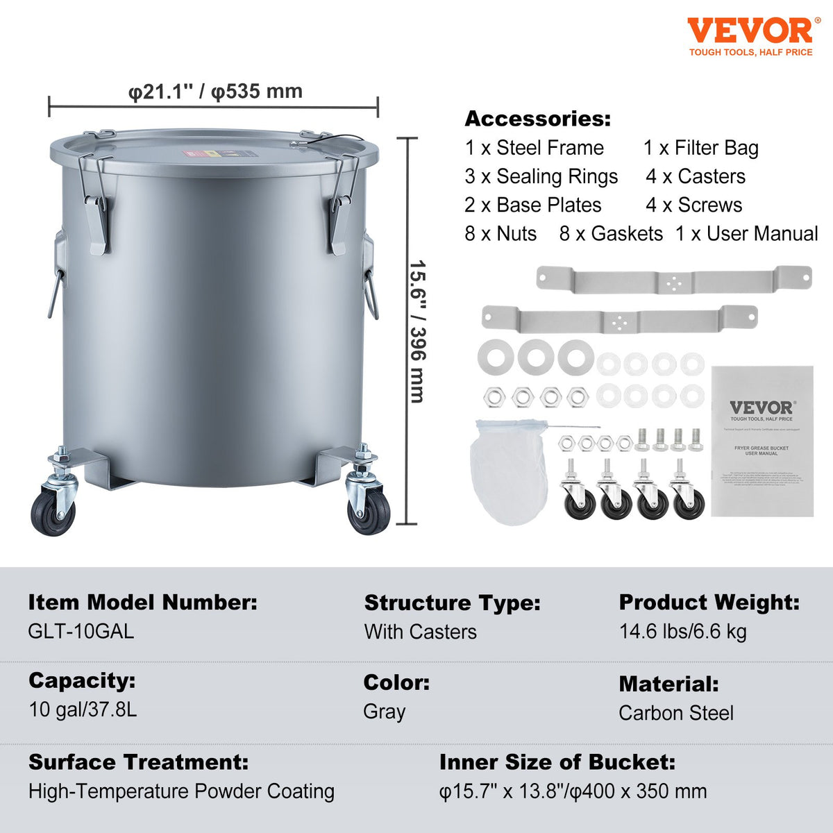 VEVOR Fryer Grease Bucket, 10 Gal Oil Disposal Caddy with Caster Base, Carbon Steel Rust-Proof Coating, Oil Transport Container with Lid, Lock Clips, Filter Bag for Hot Cooking Oil Filtering, Gray - DJLZGYZTTG10NGAG5V0 - view 8