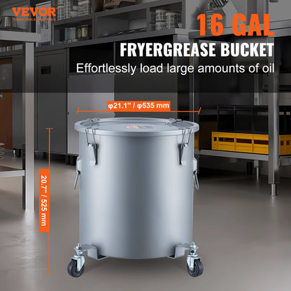 VEVOR Fryer Grease Bucket, 16 Gal Oil Disposal Caddy with Caster Base, Carbon Steel Rust-Proof Coating, Oil Transport Container with Lid, Lock Clips, Filter Bag for Hot Cooking Oil Filtering, Gray - DJLZGYZTTG16KWCSKV0 - view 3