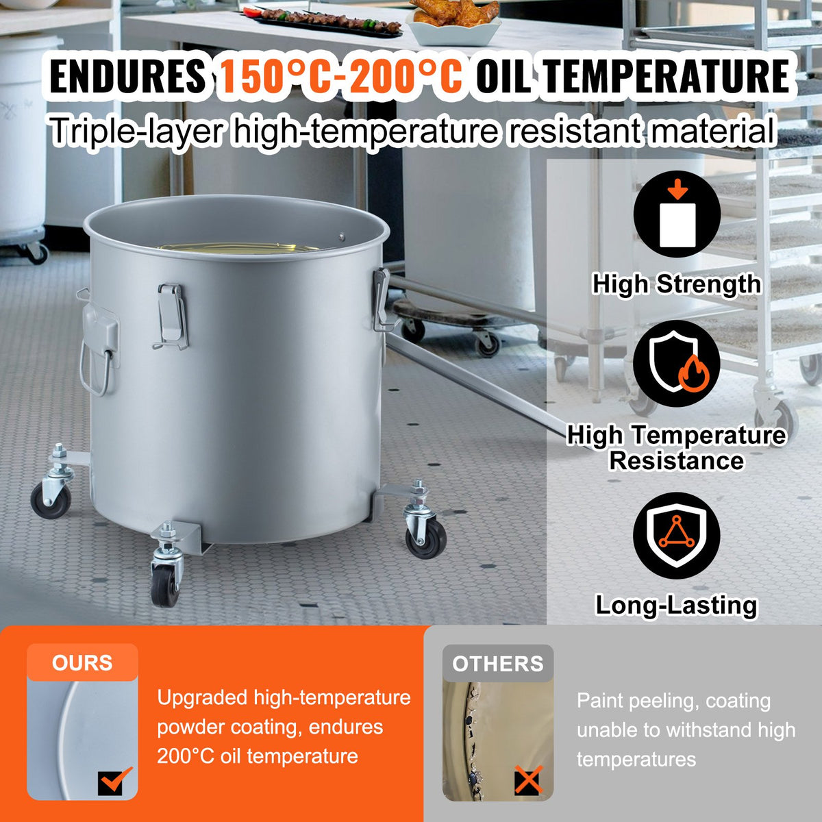 VEVOR Fryer Grease Bucket, 16 Gal Oil Disposal Caddy with Caster Base, Carbon Steel Rust-Proof Coating, Oil Transport Container with Lid, Lock Clips, Filter Bag for Hot Cooking Oil Filtering, Gray - DJLZGYZTTG16KWCSKV0 - view 4