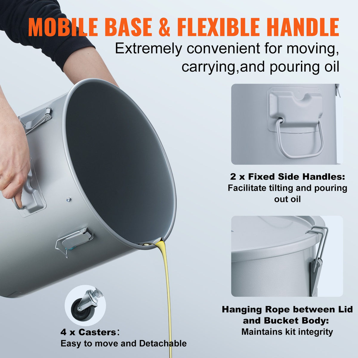 VEVOR Fryer Grease Bucket, 16 Gal Oil Disposal Caddy with Caster Base, Carbon Steel Rust-Proof Coating, Oil Transport Container with Lid, Lock Clips, Filter Bag for Hot Cooking Oil Filtering, Gray - DJLZGYZTTG16KWCSKV0 - view 6