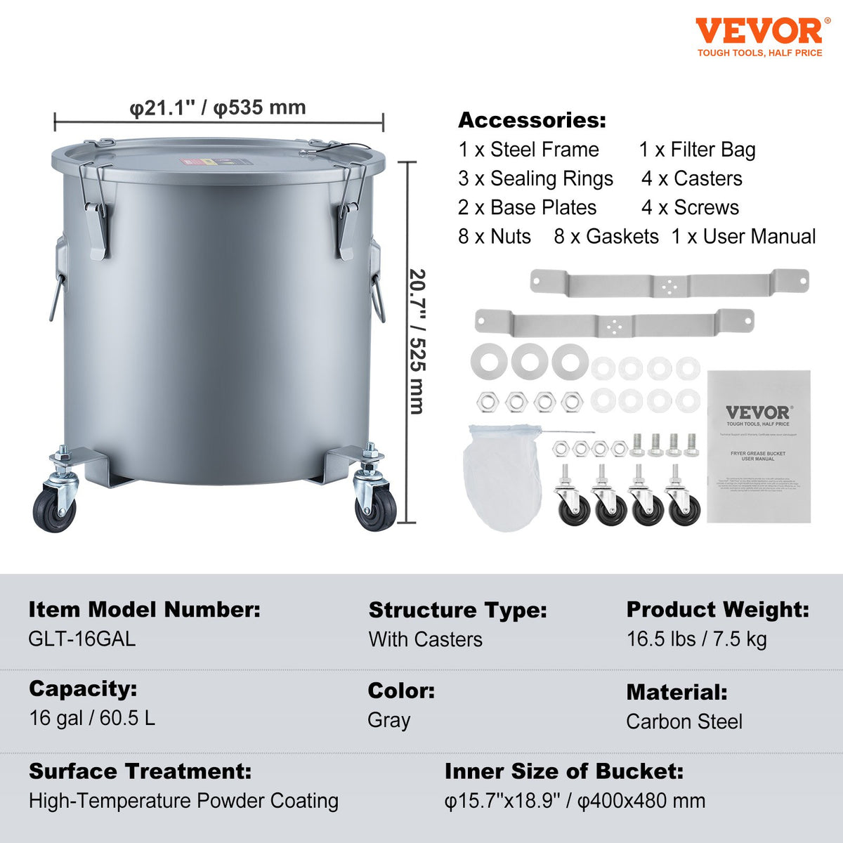 VEVOR Fryer Grease Bucket, 16 Gal Oil Disposal Caddy with Caster Base, Carbon Steel Rust-Proof Coating, Oil Transport Container with Lid, Lock Clips, Filter Bag for Hot Cooking Oil Filtering, Gray - DJLZGYZTTG16KWCSKV0 - view 8