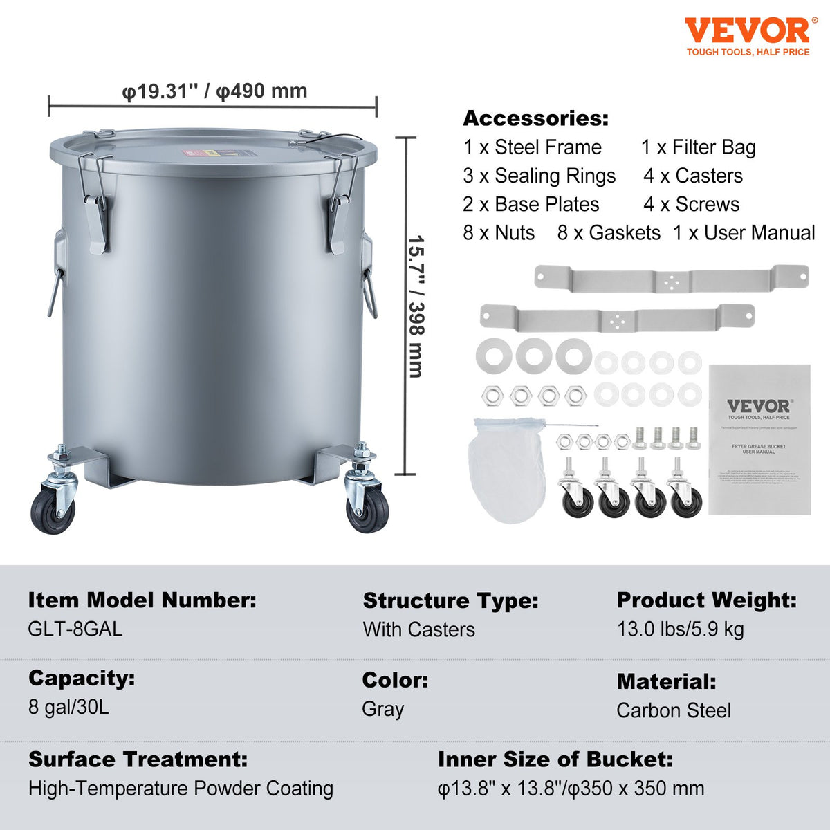 VEVOR Fryer Grease Bucket, 8 Gal Oil Disposal Caddy with Caster Base, Carbon Steel with Rust-Proof Coating, Oil Transport Container with Lid, Lock Clips, Filter Bag for Hot Cooking Oil Filtering, Gray - DJLZGYZTTGPSPYAT5V0 - view 8