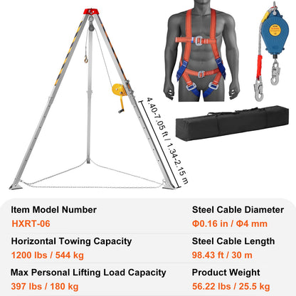 VEVOR Confined Space Tripod Kit, Confined Space Tripod 7' Legs and 98' Cable, Confined Space Rescue Tripod 32.8' Fall Protection, 1200 lbs Winch, Harness, Storage Bag - DJPJYSJJ1200SKQMEV0 - view 8