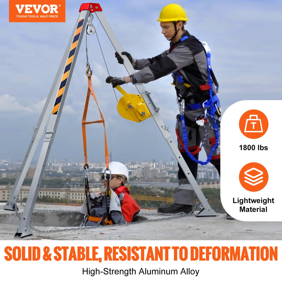 VEVOR Confined Space Tripod Kit, Confined Space Tripod 7' Legs and 98' Cable, Confined Space Rescue Tripod 32.8' Fall Protection, 1800 lbs Winch, Harness, Storage Bag - DJPJYSJJ1800SY0U5V0 - view 3