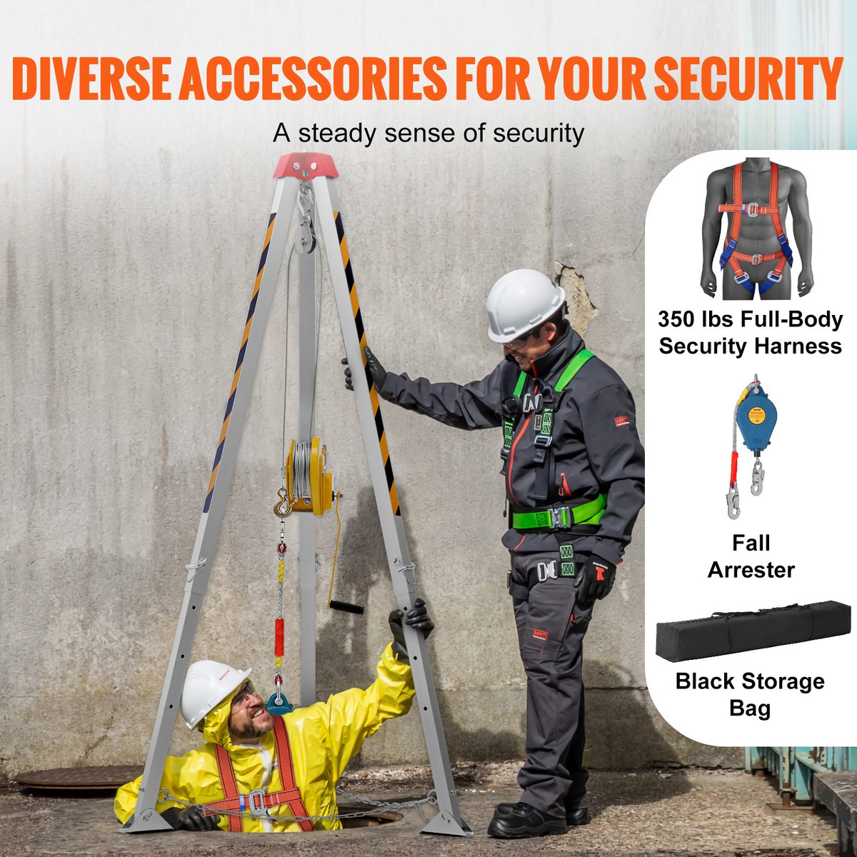 VEVOR Confined Space Tripod Kit, Confined Space Tripod 7' Legs and 98' Cable, Confined Space Rescue Tripod 32.8' Fall Protection, 1800 lbs Winch, Harness, Storage Bag - DJPJYSJJ1800SY0U5V0 - view 5