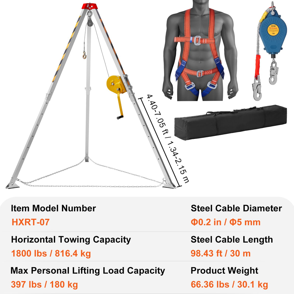 VEVOR Confined Space Tripod Kit, Confined Space Tripod 7' Legs and 98' Cable, Confined Space Rescue Tripod 32.8' Fall Protection, 1800 lbs Winch, Harness, Storage Bag - DJPJYSJJ1800SY0U5V0 - view 8