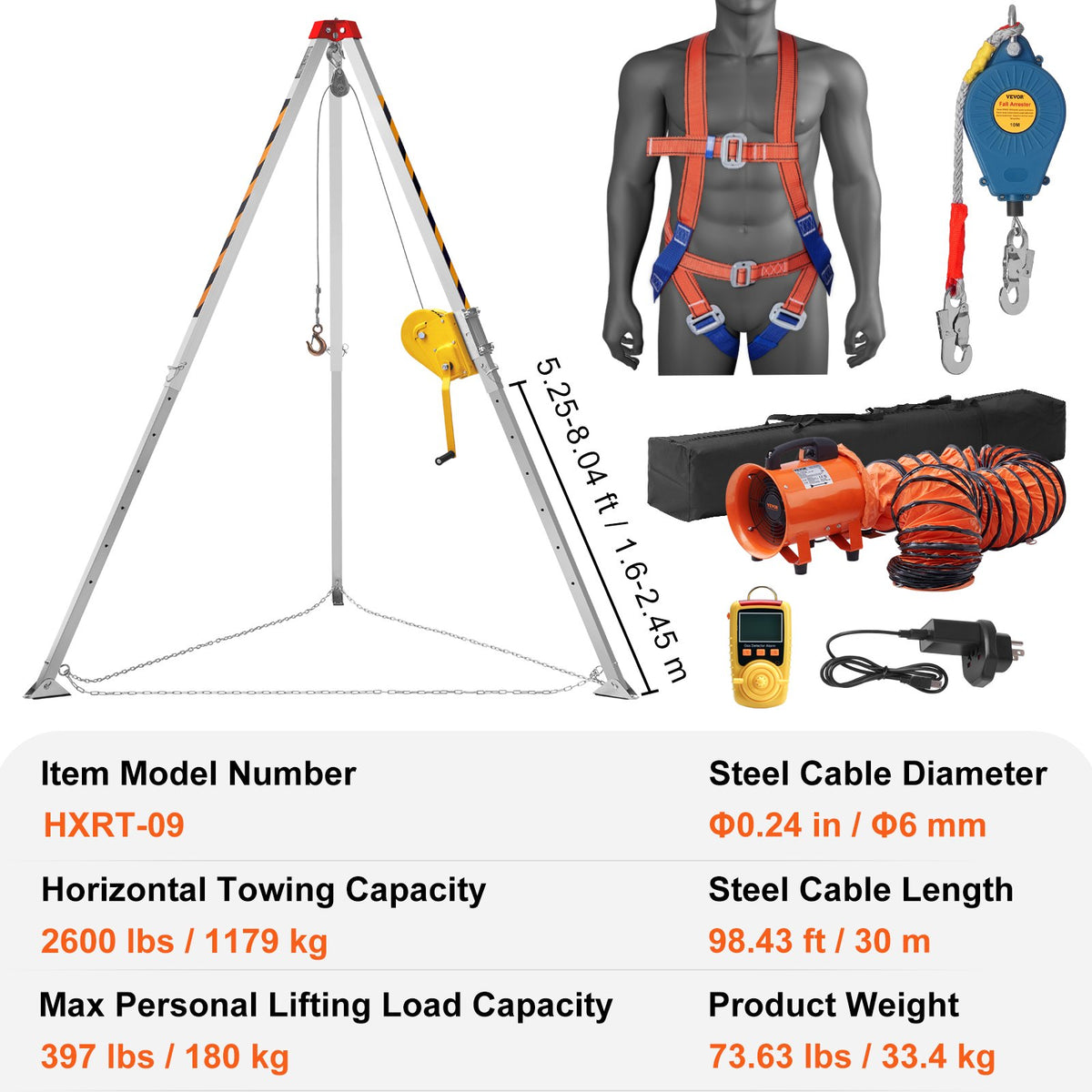 VEVOR 2600 lbs Winch Confined Space Tripod Kit, Confined Space Tripod 8' Legs and 98' Cable, Confined Space Rescue Tripod 33' Fall Protection with Blower, Gas detector, Harness. - DJPJYSJJ26003HE5NV1 - view 8