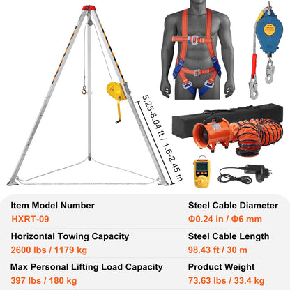 VEVOR 2600 lbs Winch Confined Space Tripod Kit, Confined Space Tripod 8' Legs and 98' Cable, Confined Space Rescue Tripod 33' Fall Protection with Blower, Gas detector, Harness. - DJPJYSJJ26003HE5NV1 - view 8