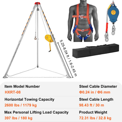 VEVOR Confined Space Tripod Kit, Confined Space Tripod 8' Legs and 98' Cable, Confined Space Rescue Tripod 32.8' Fall Protection, 2600 lbs Winch, Harness, Storage Bag - DJPJYSJJ2600T2F4PV0 - view 8