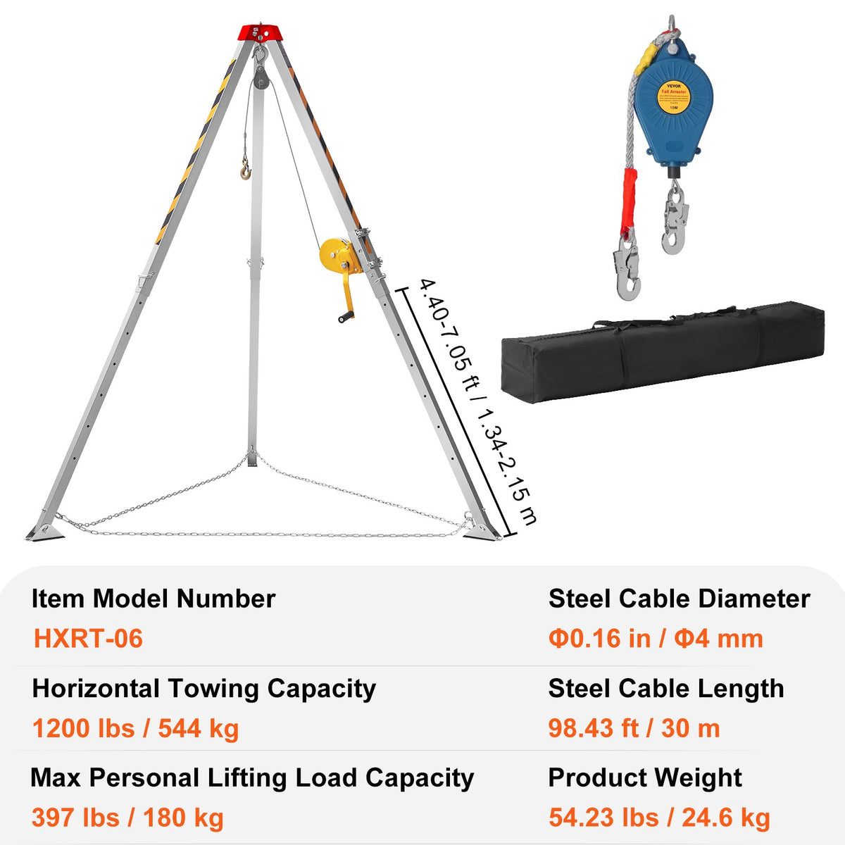 VEVOR Confined Space Tripod Kit, Confined Space Tripod 7' Legs Bracket and 98' Cable, Confined Space Rescue Tripod 32.8' Fall Protection, 1200 lbs Winch, Storage Bag - DJPJYSJJWBB39DPTDV0 - view 8