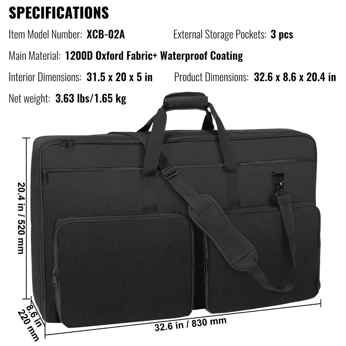 VEVOR Padded DJ Mixer Gig Bag, 1200D Oxford Fabric, DJ Gear Carry Bag with a Storage Pocket 4.92 ft Removable Shoulder Strap 0.39 in Padding, 32.6 x 8.6 x 20.4 in Storage Case Fits for DJ Controller - DJSNB1200DNJ4SLSSV0 - view 8