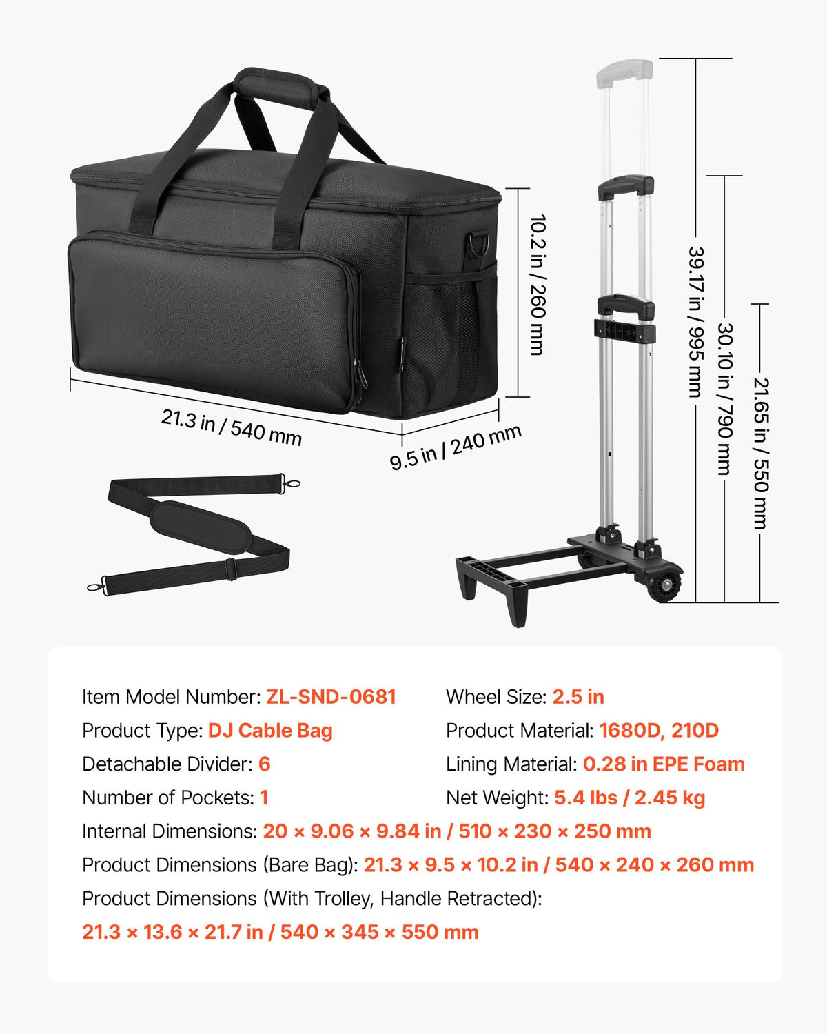 VEVOR Rolling DJ Cable Bag, 1680D, Padded File Gig Bag with Wheels, 6 Detachable Divider, Travel Storage Music Gear Case, for Professional DJ Gear, Musical Instrument and Accessories, Sound Equipment - DJSNB1680DZH0XLYB001V0 - view 8