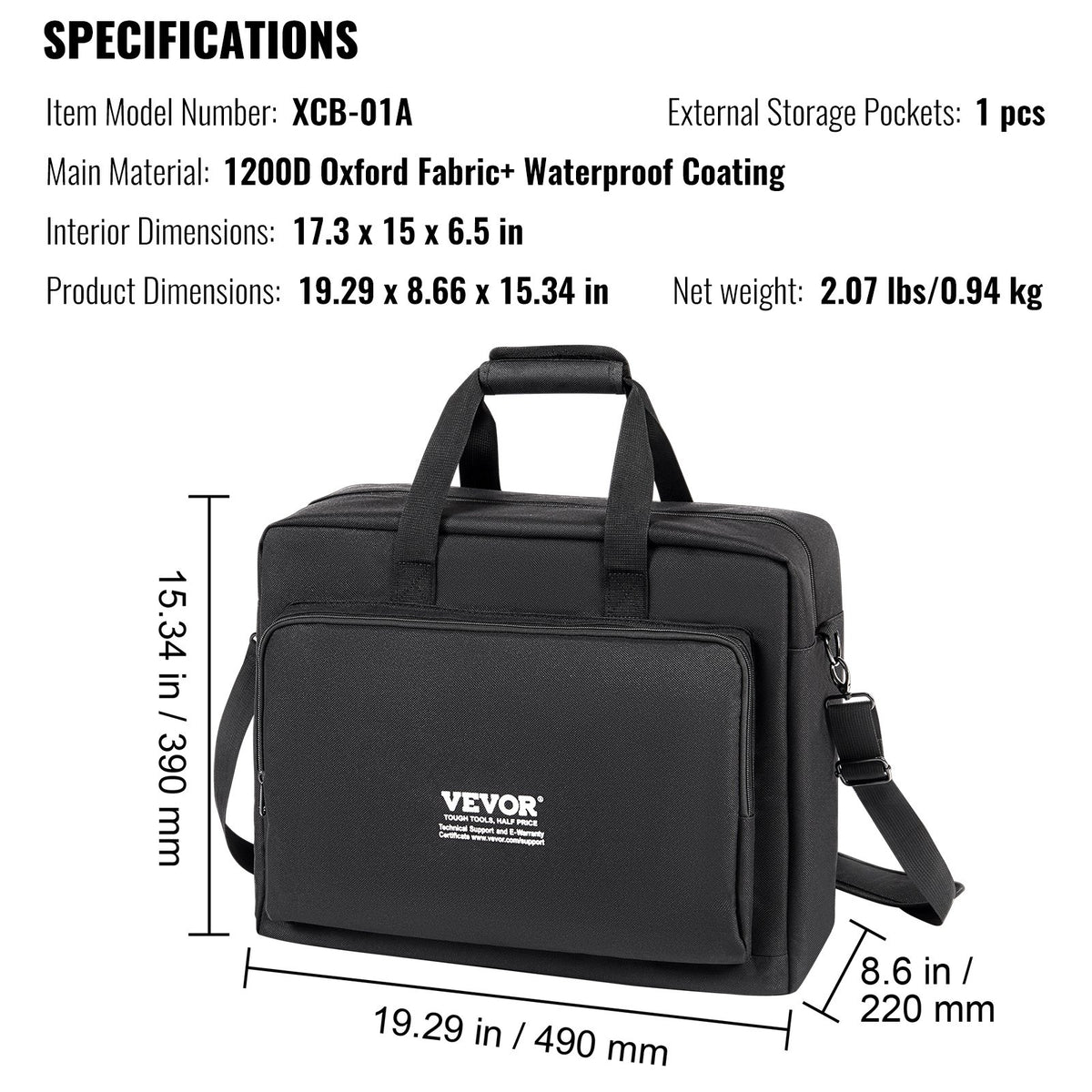 VEVOR Padded DJ Mixer Gig Bag, 1200D Oxford Fabric, DJ Gear Carry Bag with a Storage Pocket 4.92 ft Removable Shoulder Strap 0.39 in Padding, 19.29 x 8.66 x 15.34 in Storage Case for DJ Controller - DJSNBDJKZTSNTICQVV0 - view 8