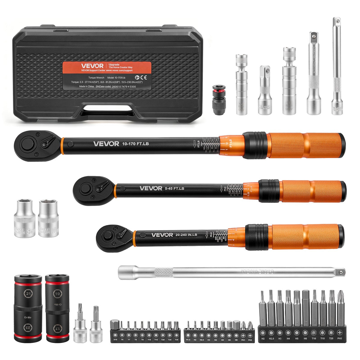 VEVOR Torque Wrench Set 1/4" 3/8" 1/2" Drive Click Torque Wrench 47-Piece, Dual Scale Readings, ±3% High Precision, with Spark Plug Sockets, Bits, Extension Bars, Storage Case, for Automotive Repair - DJSNLBSHCS2046VT3001V0 - view 1
