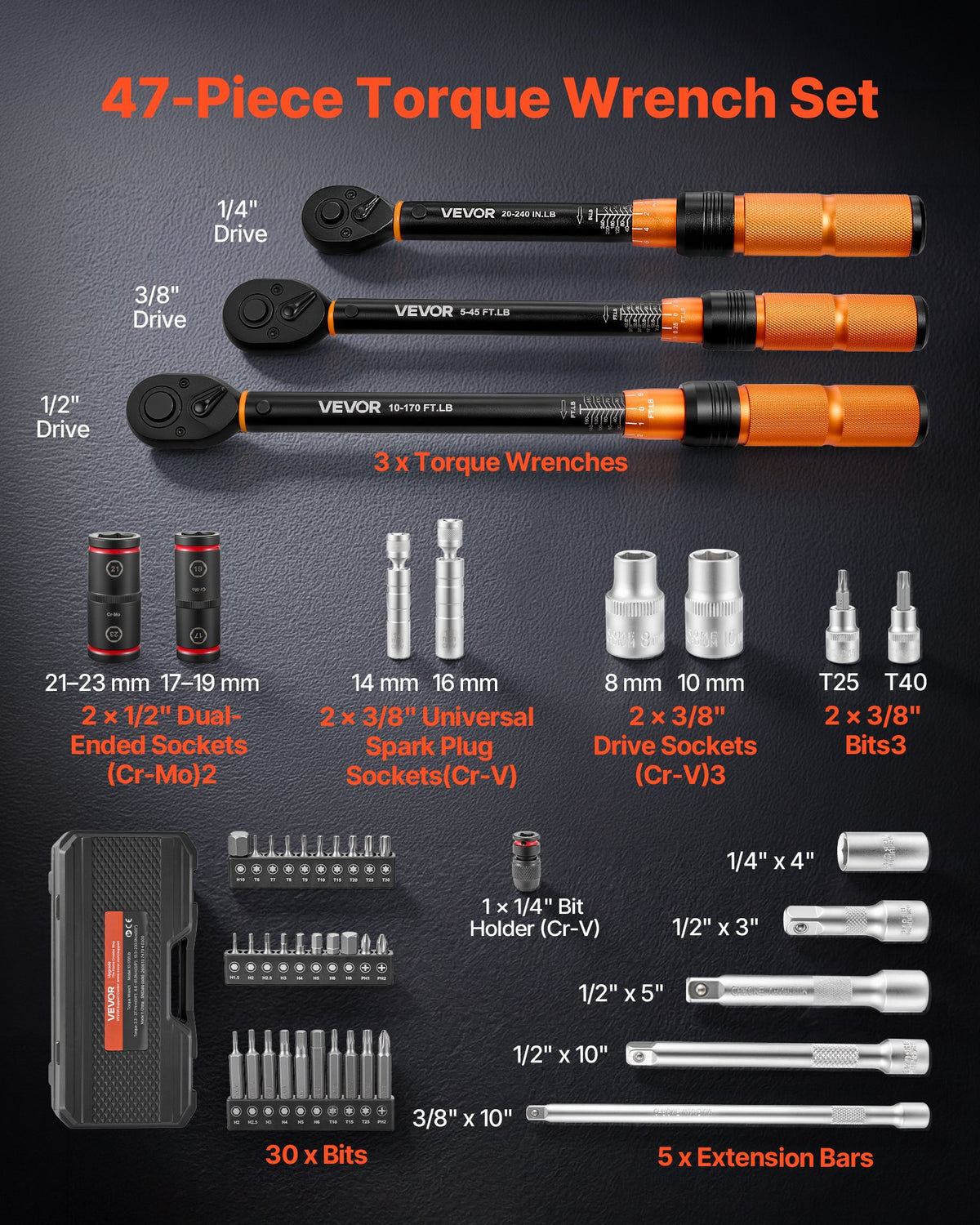 VEVOR Torque Wrench Set 1/4" 3/8" 1/2" Drive Click Torque Wrench 47-Piece, Dual Scale Readings, ±3% High Precision, with Spark Plug Sockets, Bits, Extension Bars, Storage Case, for Automotive Repair - DJSNLBSHCS2046VT3001V0 - view 3