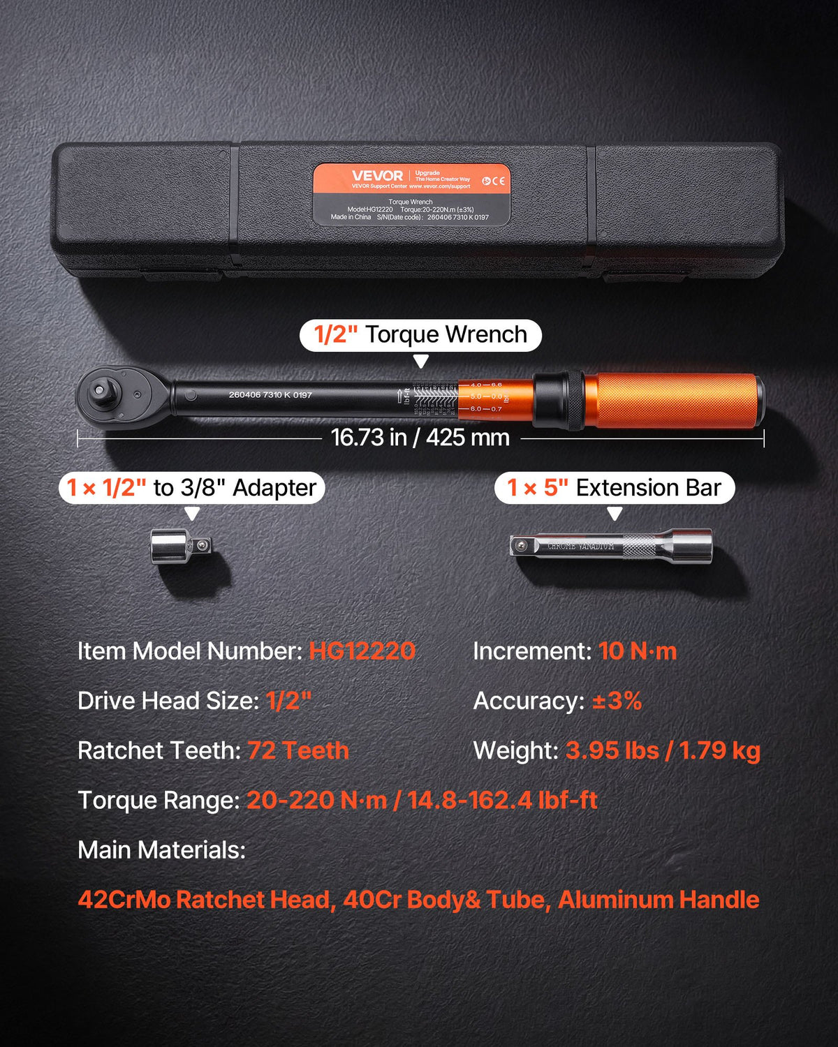 VEVOR Torque Wrench, 1/2-inch Drive Click Torque Wrench, 14.8-162.4 lbf-ft / 20-220 N.m, Dual Scale Readings, ±3% High Precision, with Extension Bar, Adapter and Storage Case, for Automotive Repair - DJSNLBSHCS205RCME001V0 - view 3