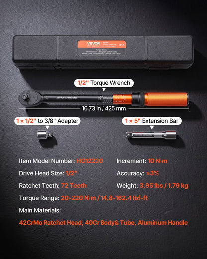 VEVOR Torque Wrench, 1/2-inch Drive Click Torque Wrench, 14.8-162.4 lbf-ft / 20-220 N.m, Dual Scale Readings, ±3% High Precision, with Extension Bar, Adapter and Storage Case, for Automotive Repair - DJSNLBSHCS205RCME001V0 - view 3