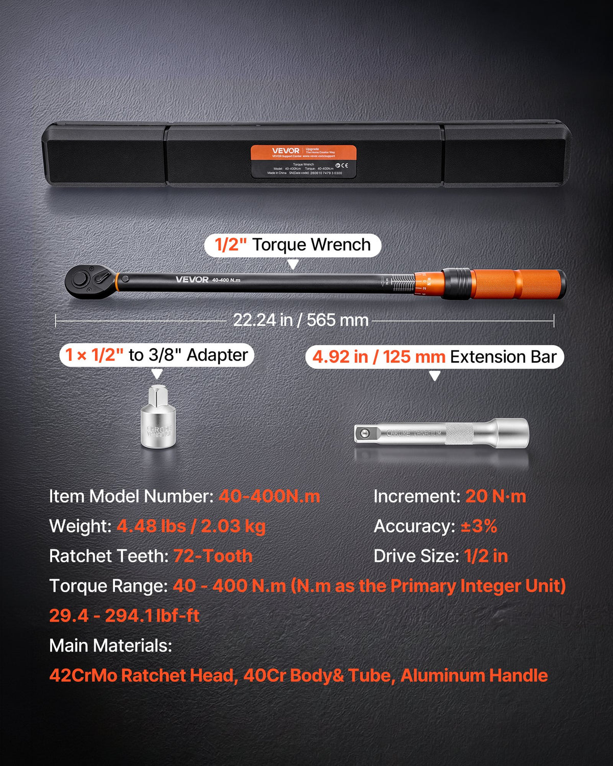 VEVOR Torque Wrench 1/2-inch Drive Click Torque Wrench ±3% High Precision, 29.4-294.1 lbf-ft / 40-400 N.m, Dual Scale Readings, with Extension Bar, Adapter and Storage Case, for Automotive Repair - DJSNLBSHCS40XNN4U001V0 - view 3