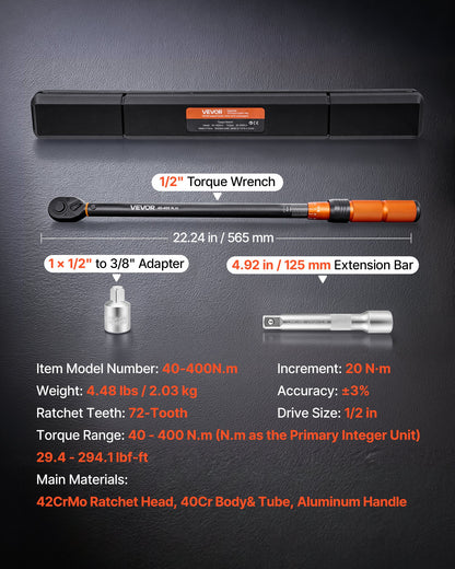 VEVOR Torque Wrench 1/2-inch Drive Click Torque Wrench ±3% High Precision, 29.4-294.1 lbf-ft / 40-400 N.m, Dual Scale Readings, with Extension Bar, Adapter and Storage Case, for Automotive Repair - DJSNLBSHCS40XNN4U001V0 - view 3