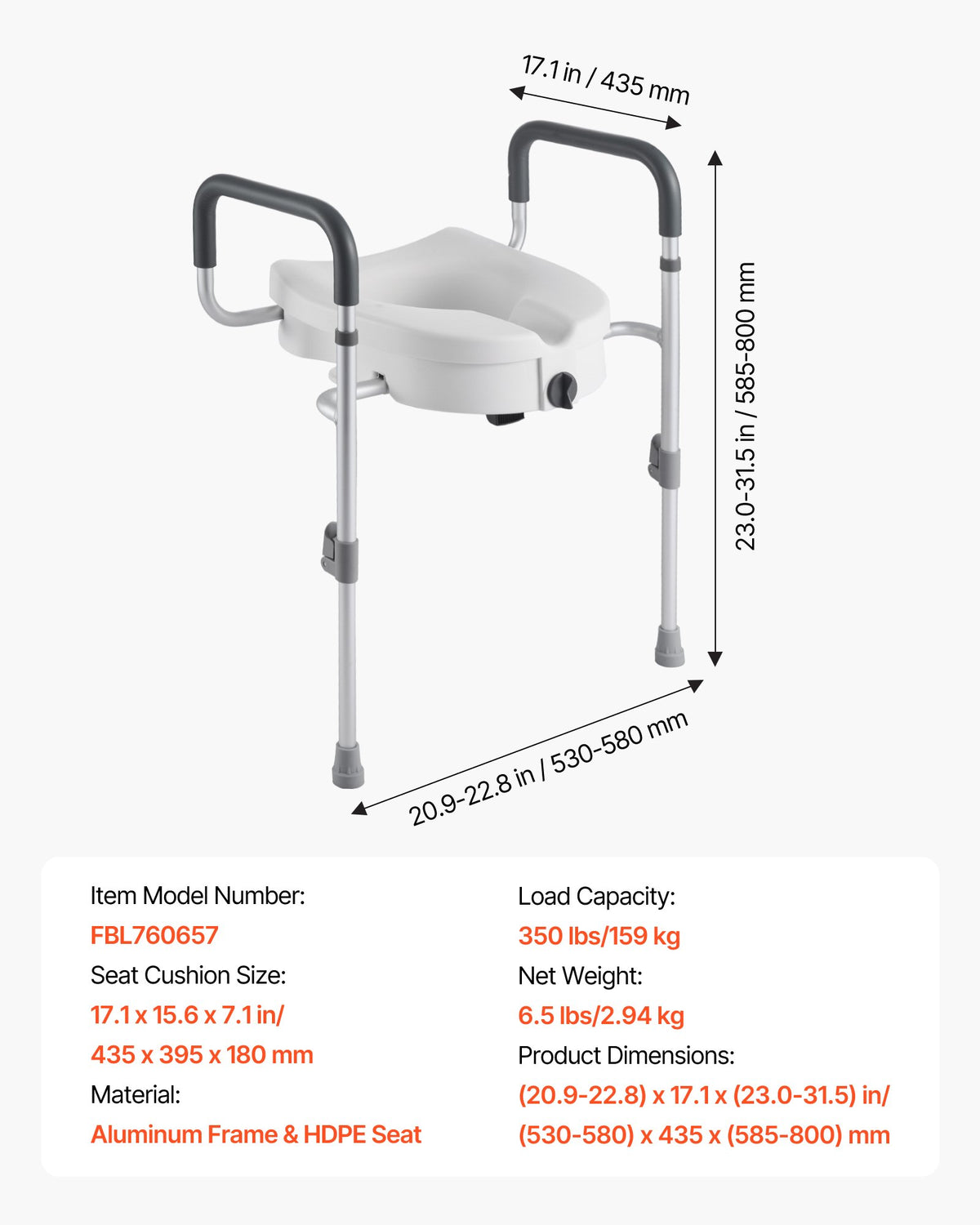 VEVOR Raised Toilet Seat with Arms, 350 lbs Capacity, 5-Inch Lift Height & Adjustable Width, Widened Commode Elevated Toilet Seat Riser with Handles for Seniors, Elderly, Handicap, Disabled, Adults - DJXNSDSJGMTZUZOO9001V0 - view 8