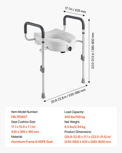 VEVOR Raised Toilet Seat with Arms, 350 lbs Capacity, 5-Inch Lift Height & Adjustable Width, Widened Commode Elevated Toilet Seat Riser with Handles for Seniors, Elderly, Handicap, Disabled, Adults - DJXNSDSJGMTZUZOO9001V0 - view 8