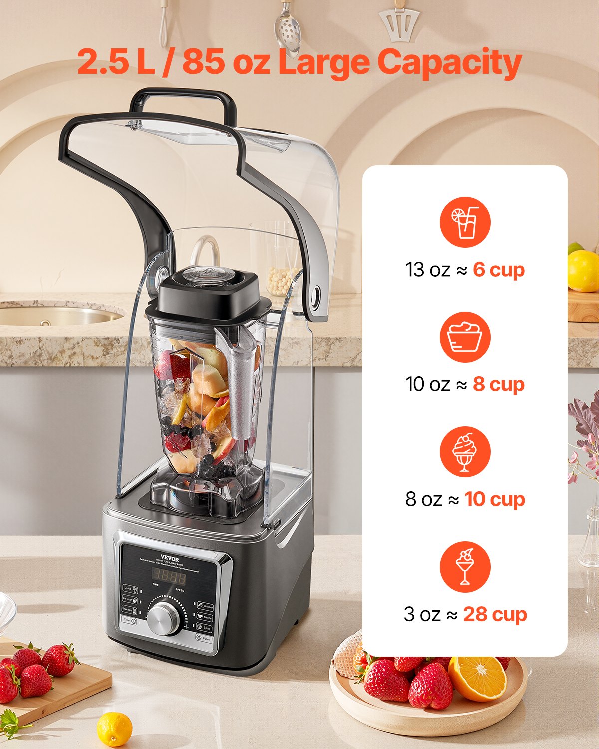 VEVOR Blender for Smoothies, 85 oz 1400W, Professional Blender with Powerful Motor, Multi-Functional Food Processing Blender with Noise Cover for Smoothie/Milkshake/Juice, Fits for Kitchen - DJYZSBJBJ25L7H74OV1 - view 5