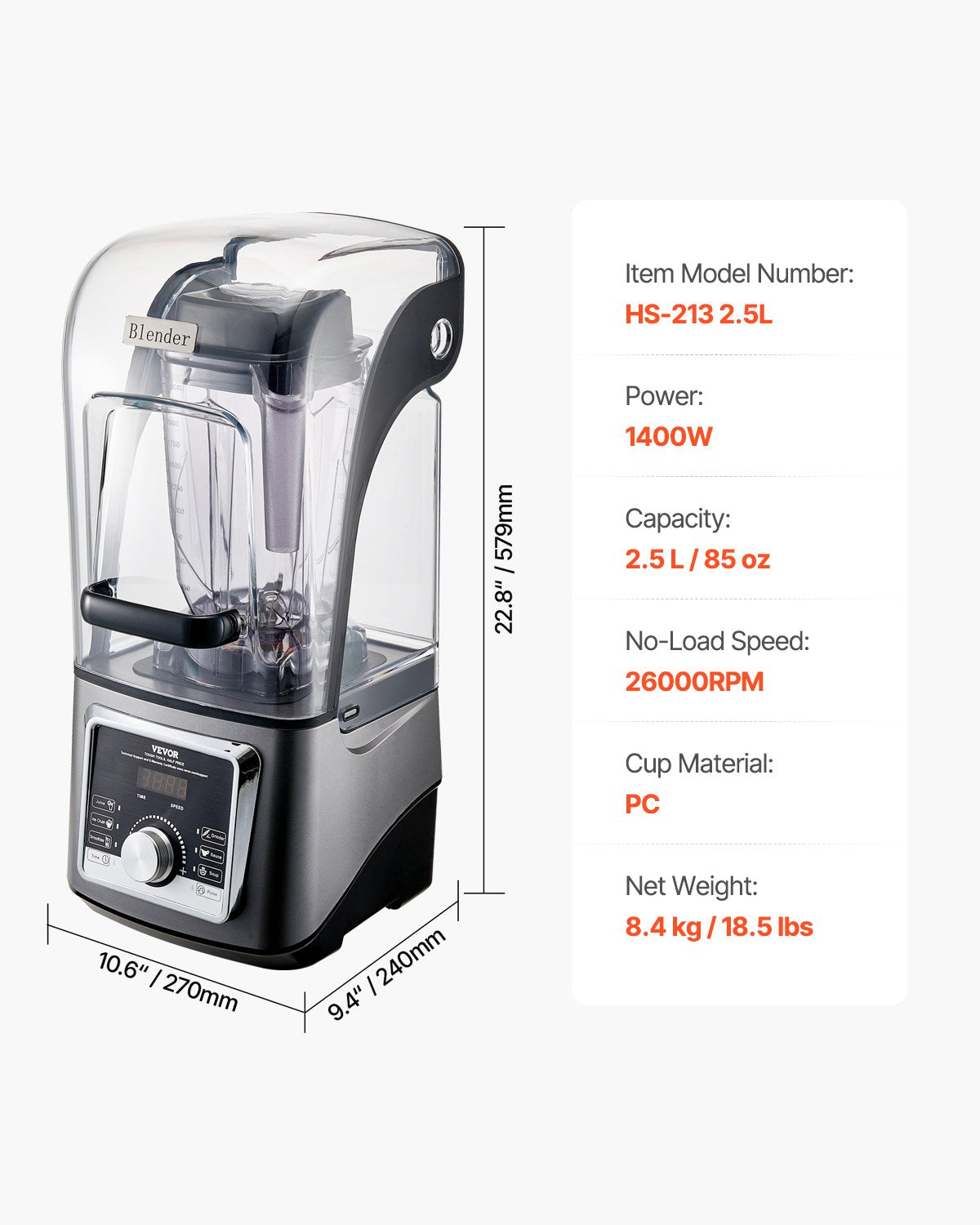 VEVOR Blender for Smoothies, 85 oz 1400W, Professional Blender with Powerful Motor, Multi-Functional Food Processing Blender with Noise Cover for Smoothie/Milkshake/Juice, Fits for Kitchen - DJYZSBJBJ25L7H74OV1 - view 8
