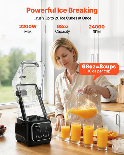 VEVOR Blender, 68 oz Professional Countertop Blenders with Shield, 2200W 26000RPM Kitchen Food Processor Combo, Self-Cleaning, Speed Adjustable, 6 Preset Menu for Smoothies, Ice Crushing, Puree, Black - DJYZSBJBJ2L14O60G001V1 - view 3