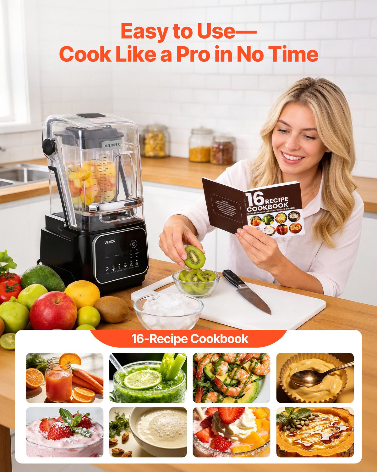 VEVOR Blender, 68 oz Professional Countertop Blenders with Shield, 2200W 26000RPM Kitchen Food Processor Combo, Self-Cleaning, Speed Adjustable, 6 Preset Menu for Smoothies, Ice Crushing, Puree, Black - DJYZSBJBJ2L14O60G001V1 - view 6
