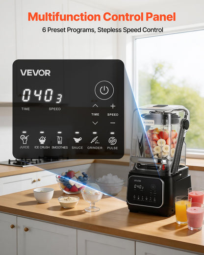 VEVOR Blender, 68 oz Professional Countertop Blenders with Shield, 2200W 26000RPM Kitchen Food Processor Combo, Self-Cleaning, Speed Adjustable, 6 Preset Menu for Smoothies, Ice Crushing, Puree, Black - DJYZSBJBJ2L14O60G001V1 - view 7