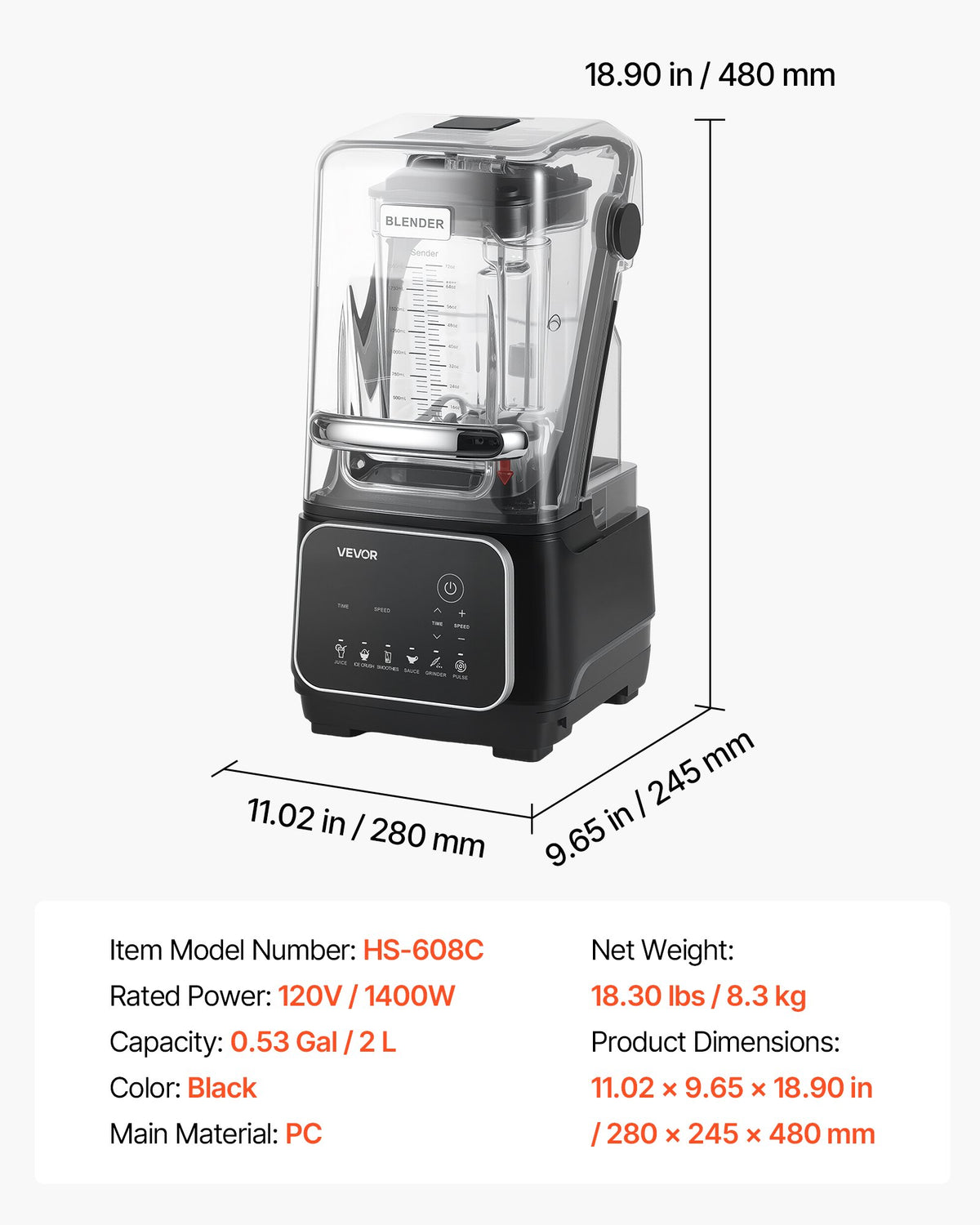 VEVOR Blender, 68 oz Professional Countertop Blenders with Shield, 2200W 26000RPM Kitchen Food Processor Combo, Self-Cleaning, Speed Adjustable, 6 Preset Menu for Smoothies, Ice Crushing, Puree, Black - DJYZSBJBJ2L14O60G001V1 - view 8