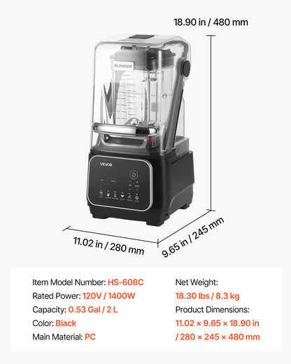 VEVOR Blender, 68 oz Professional Countertop Blenders with Shield, 2200W 26000RPM Kitchen Food Processor Combo, Self-Cleaning, Speed Adjustable, 6 Preset Menu for Smoothies, Ice Crushing, Puree, Black - DJYZSBJBJ2L14O60G001V1 - view 8