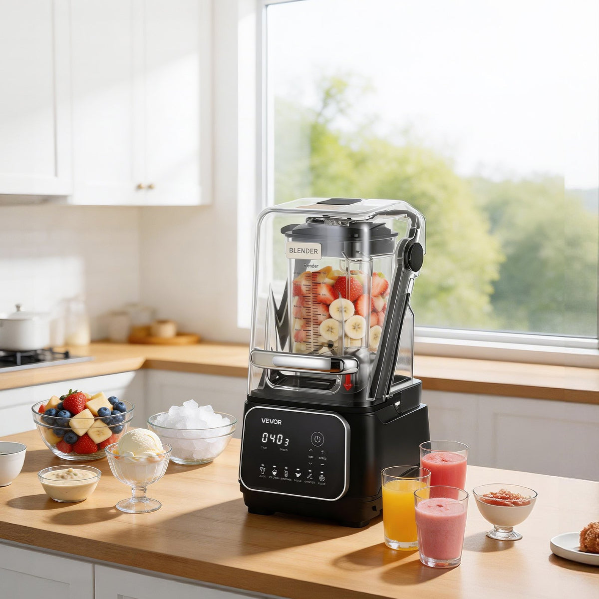 VEVOR Blender, 68 oz Professional Countertop Blenders with Shield, 2200W 26000RPM Kitchen Food Processor Combo, Self-Cleaning, Speed Adjustable, 6 Preset Menu for Smoothies, Ice Crushing, Puree, Black - DJYZSBJBJ2L14O60G001V1 - view 9