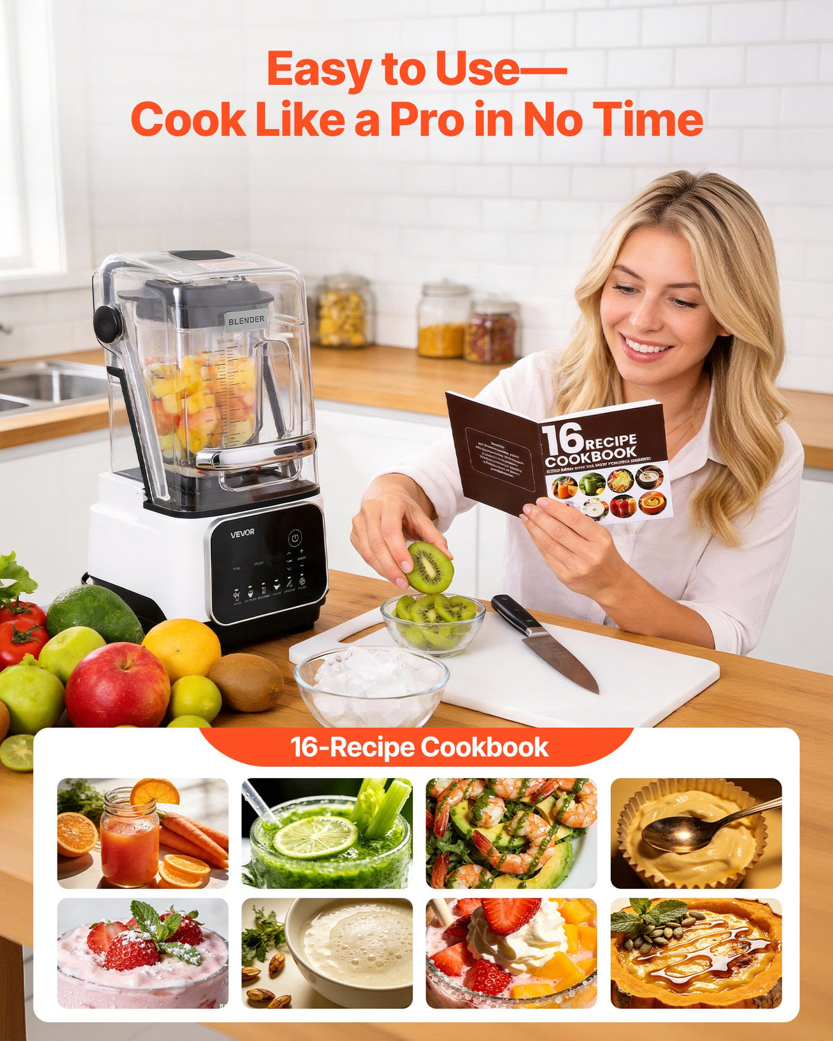 VEVOR Blender, 68 oz Professional Countertop Blenders with Shield, 1400W 26000RPM Kitchen Food Processor Combo, Self-Cleaning, Speed Adjustable, 6 Preset Menu for Smoothies, Ice Crushing, Puree, White - DJYZSBJBJ2L1SGKUX001V1 - view 6