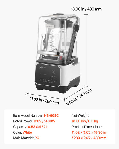 VEVOR Blender, 68 oz Professional Countertop Blenders with Shield, 1400W 26000RPM Kitchen Food Processor Combo, Self-Cleaning, Speed Adjustable, 6 Preset Menu for Smoothies, Ice Crushing, Puree, White - DJYZSBJBJ2L1SGKUX001V1 - view 8