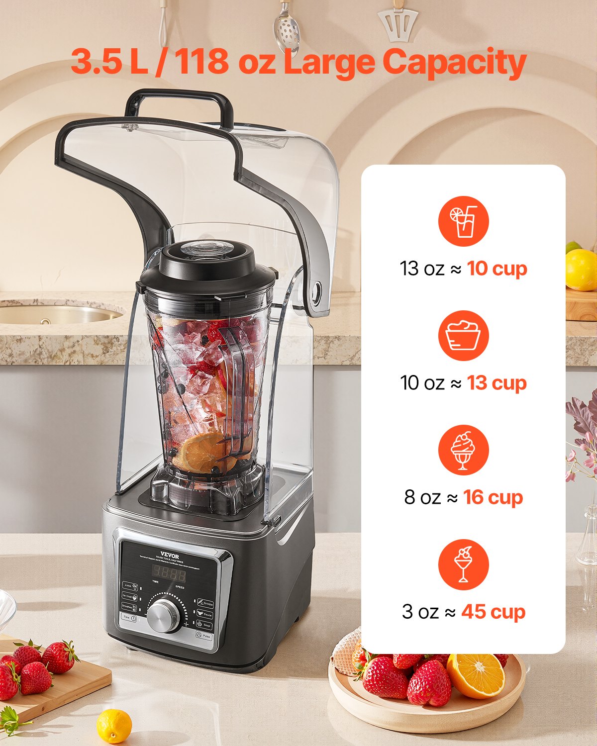 VEVOR Blender for Smoothies, 135 oz 1400W, Professional Blender with Powerful Motor, Multi-Functional Food Processing Blender with Noise Cover for Smoothie/Milkshake/Juice, Fits for Kitchen - DJYZSBJBJ35LUF6FPV1 - view 5