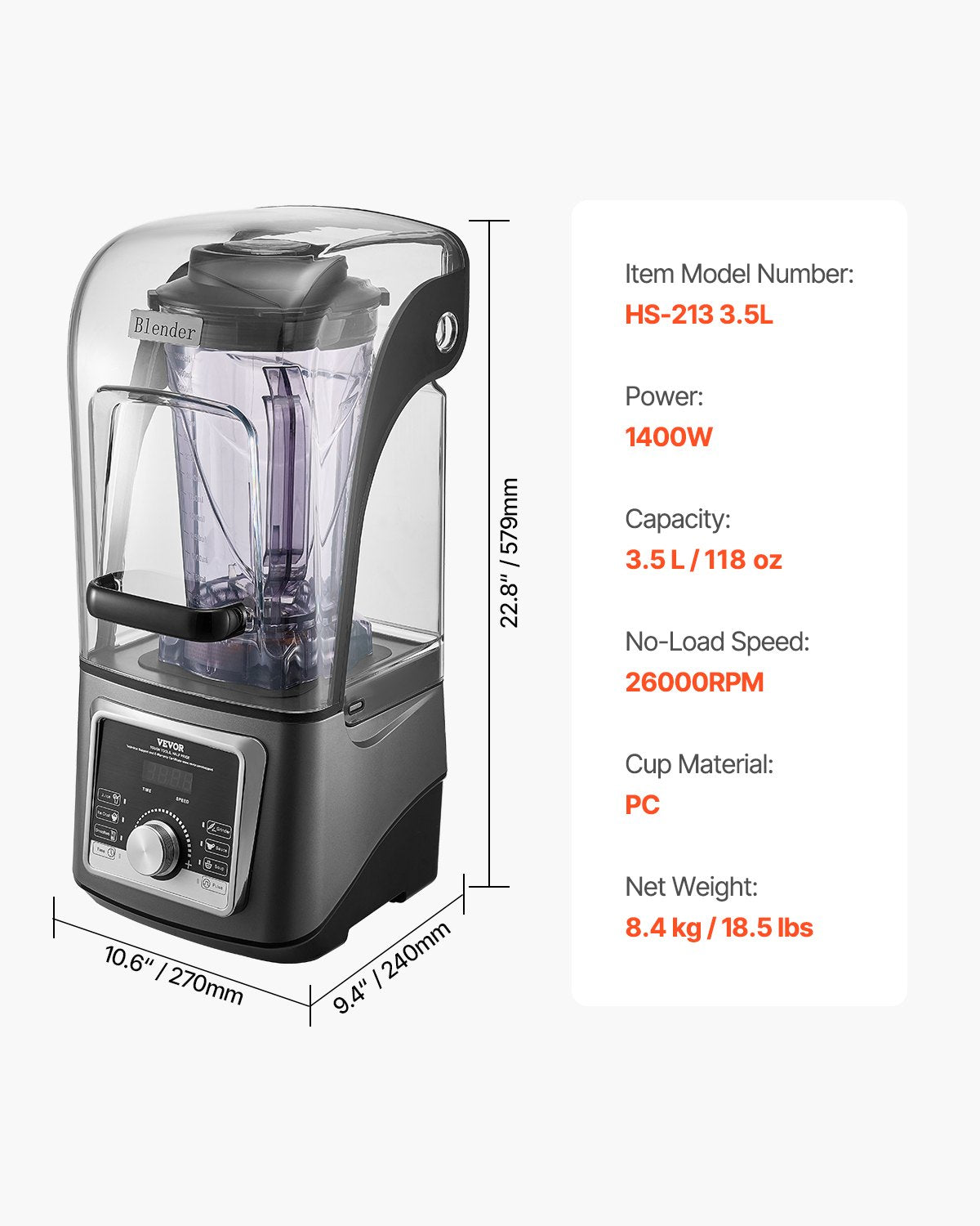VEVOR Blender for Smoothies, 135 oz 1400W, Professional Blender with Powerful Motor, Multi-Functional Food Processing Blender with Noise Cover for Smoothie/Milkshake/Juice, Fits for Kitchen - DJYZSBJBJ35LUF6FPV1 - view 8