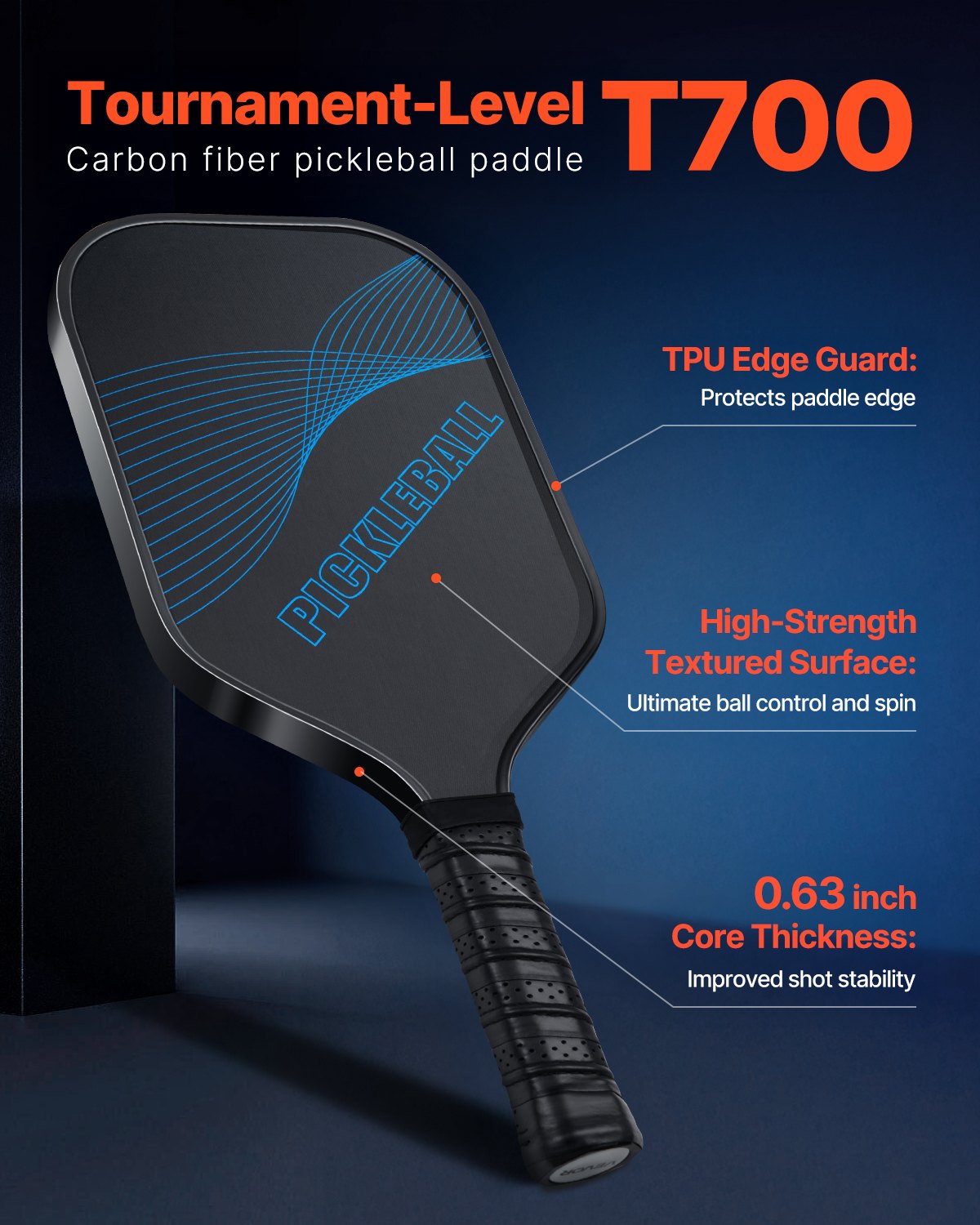 VEVOR Pickleball Paddle, T700 Carbon Fiber Surface & Honeycomb Core, Professional Pickleball Paddle with Increased Power & Control & Spin, Pro Pickle Ball Racket for Adults, Men & Women, Blue - DJZCGKT700TXKRPBG001V0 - view 3