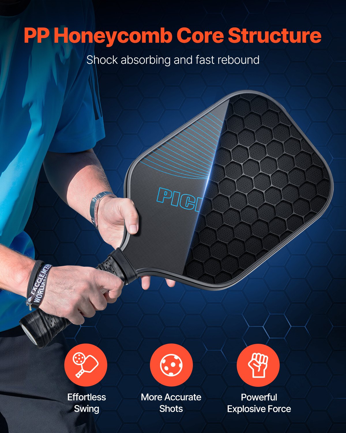 VEVOR Pickleball Paddle, T700 Carbon Fiber Surface & Honeycomb Core, Professional Pickleball Paddle with Increased Power & Control & Spin, Pro Pickle Ball Racket for Adults, Men & Women, Blue - DJZCGKT700TXKRPBG001V0 - view 4