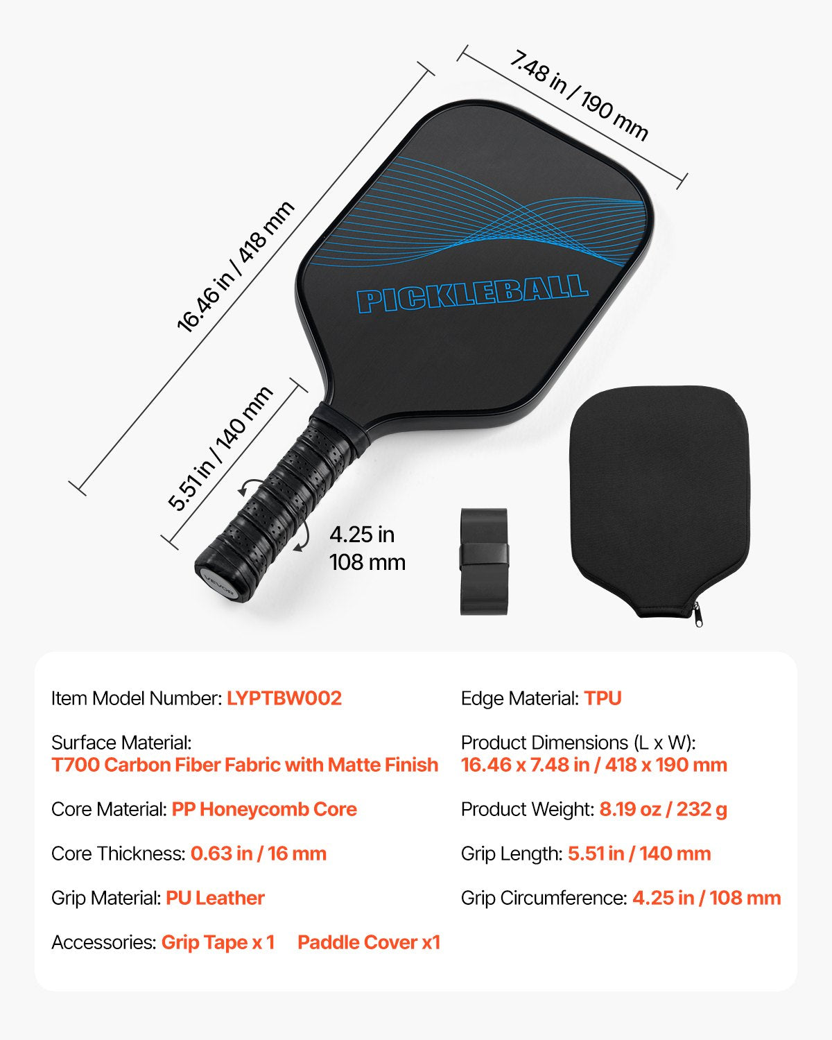VEVOR Pickleball Paddle, T700 Carbon Fiber Surface & Honeycomb Core, Professional Pickleball Paddle with Increased Power & Control & Spin, Pro Pickle Ball Racket for Adults, Men & Women, Blue - DJZCGKT700TXKRPBG001V0 - view 8