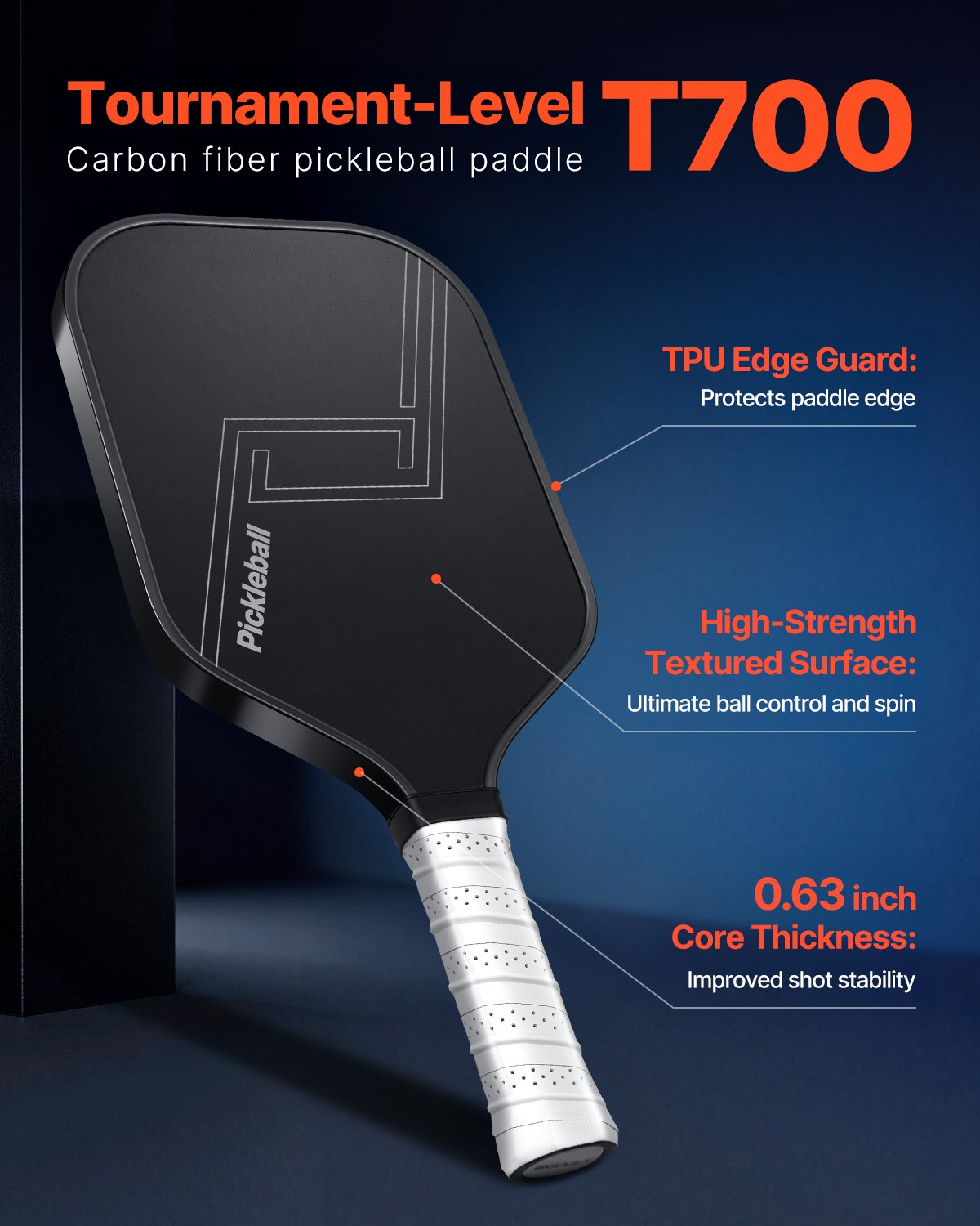 VEVOR Pickleball Paddle, T700 Carbon Fiber Surface & Honeycomb Core, Professional Pickleball Paddle with Increased Power & Control & Spin, Pro Pickle Ball Racket for Adults, Men & Women, Black - DJZCGKT700TXKSUCO001V0 - view 3