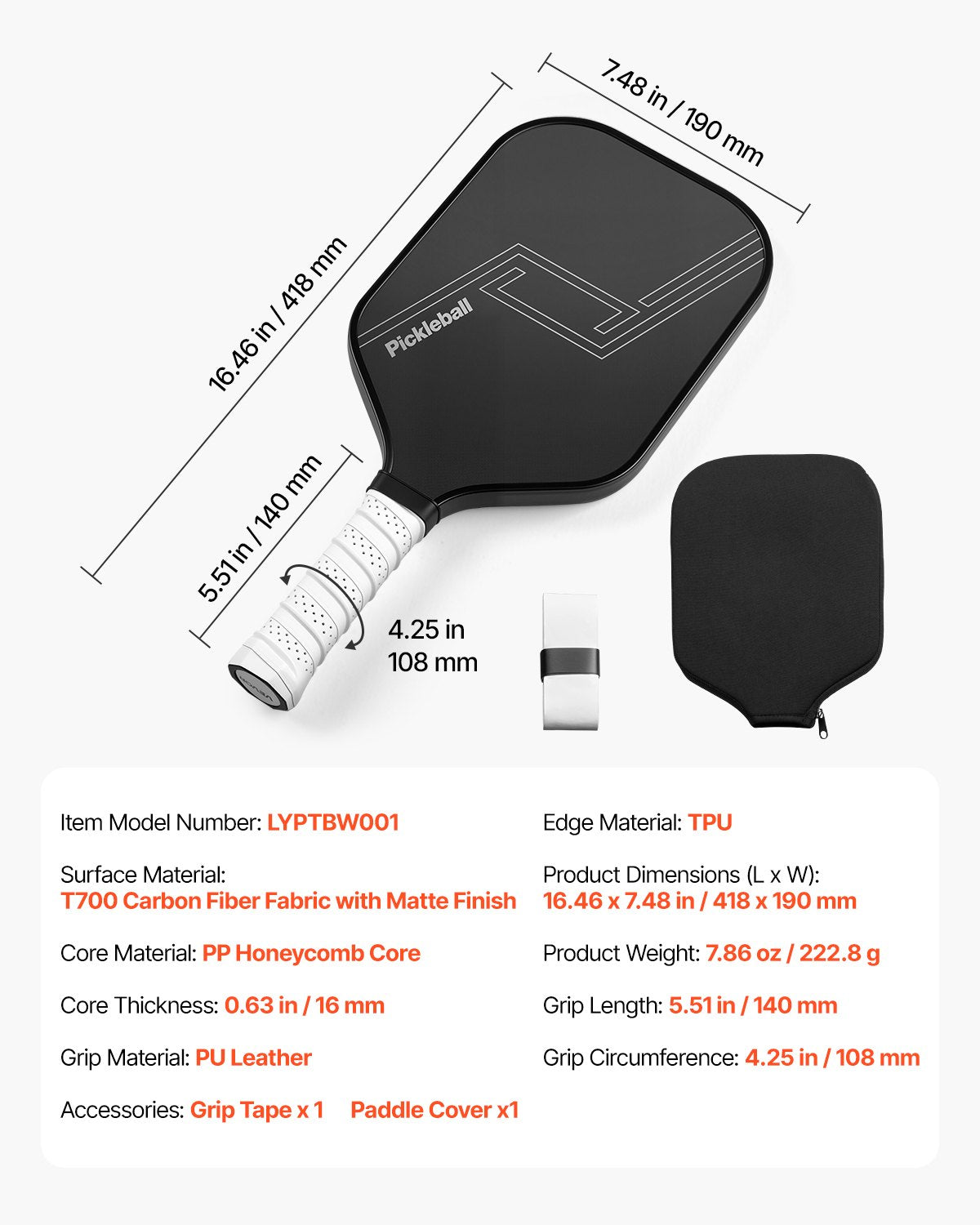 VEVOR Pickleball Paddle, T700 Carbon Fiber Surface & Honeycomb Core, Professional Pickleball Paddle with Increased Power & Control & Spin, Pro Pickle Ball Racket for Adults, Men & Women, Black - DJZCGKT700TXKSUCO001V0 - view 8