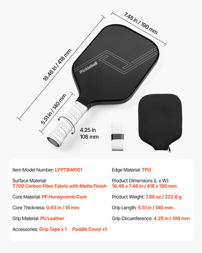 VEVOR Pickleball Paddle, T700 Carbon Fiber Surface & Honeycomb Core, Professional Pickleball Paddle with Increased Power & Control & Spin, Pro Pickle Ball Racket for Adults, Men & Women, Black - DJZCGKT700TXKSUCO001V0 - view 8
